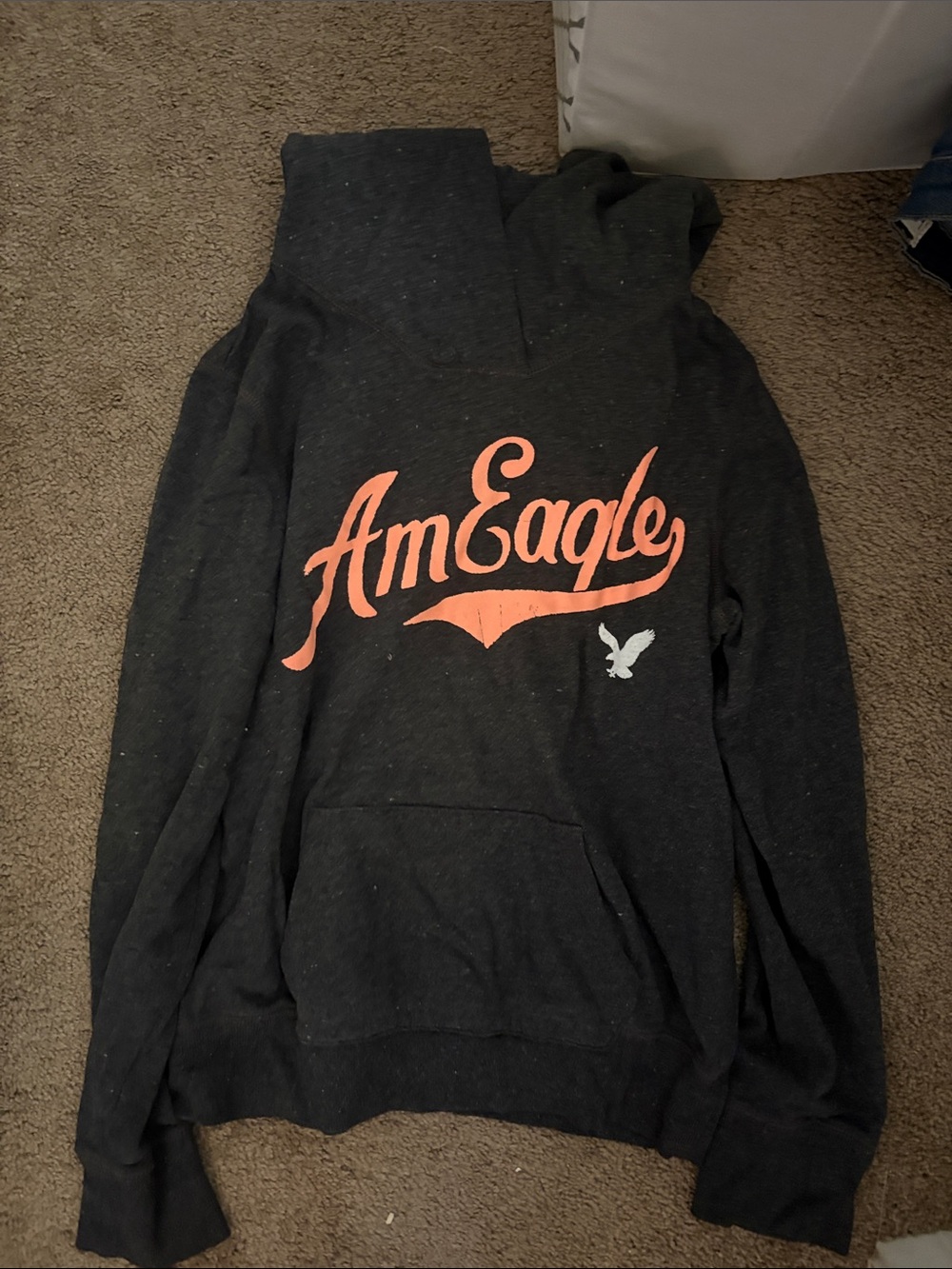 American Eagle Outfitters Dark Heather Gray Hoodie with Coral Logo